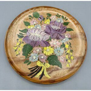 Vtg Hand Painted Plate Floral Wooden Wall Decor 8" Purple Cottage Rustic